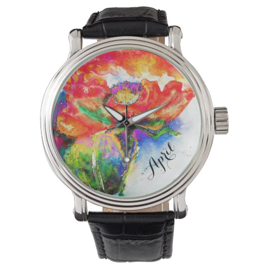 Rode abstracte waterverf bloemige monogram horloge (Voorkant)