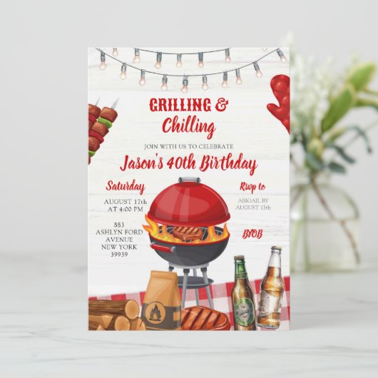 Rode Achtertuin Barbecue Chilling Grilling Verjaar Kaart (Staand voorkant)