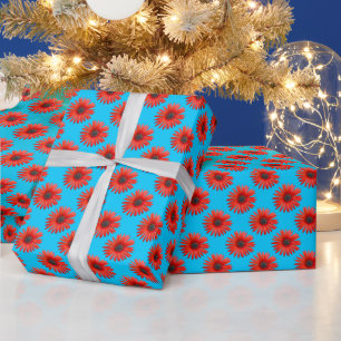 Rode Afrikaanse Madeliefjespatroon op Hemelblauw Cadeaupapier