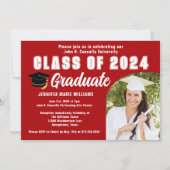 Rode afstudeerfoto klas van 2025 afstudeerfeest kaart (Voorkant)