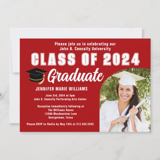 Rode afstudeerfoto klas van 2025 afstudeerfeest kaart (Voorkant)