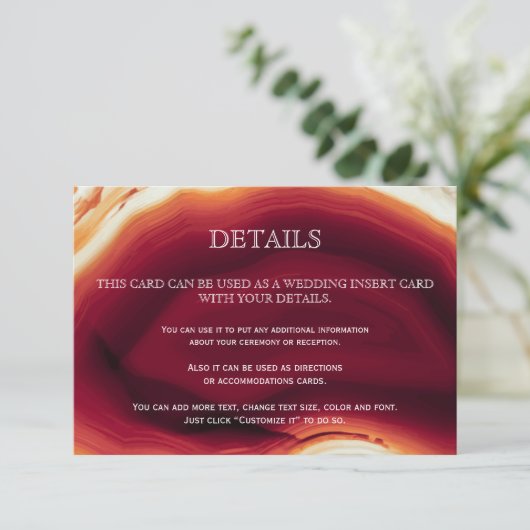 Rode agaat slice geode bruiloft details insert kaa informatiekaartje (Staand voorkant)