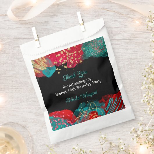 Rode Alcohol Ink Sweet 16 Verjaardagsfeest Bedankzakje (Geknipt)