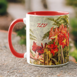 Rode Amaryllis Botanische Kunst - Monogram Initial Mok
