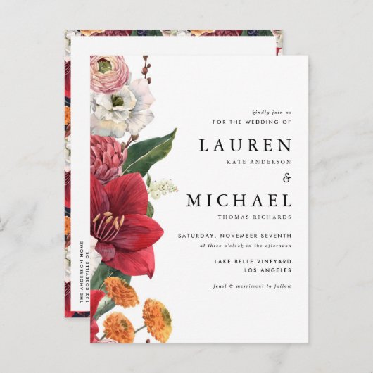 Rode Amaryllis en Herfst Bloemen QR Code Trouwen Uitnodiging Briefkaart (Voorkant / Achterkant)