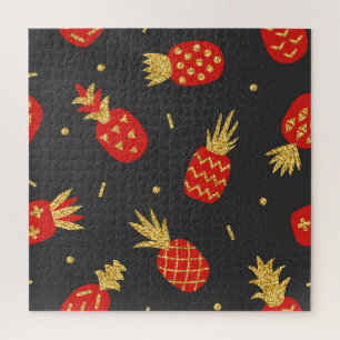 Rode ananas, glitter, zwarte achtergrond. legpuzzel