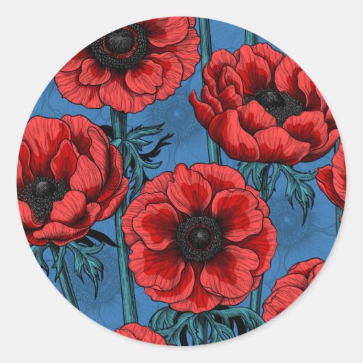 Rode anemontuin ronde sticker (Voorkant)