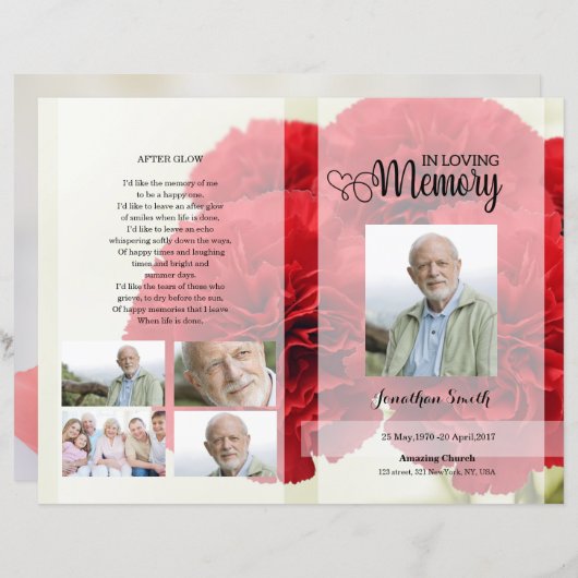 Rode anjer Funeral Program sjabloon (Voorkant / Achterkant)