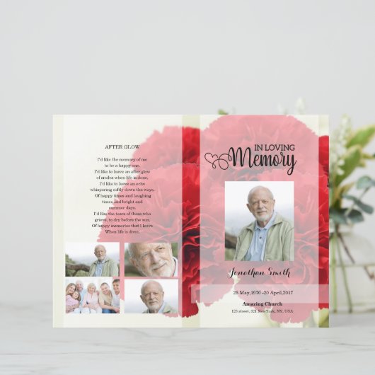 Rode anjer Funeral Program sjabloon (Staand voorkant)