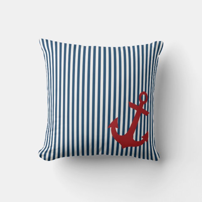 Rode anker met Nautical Blue Salior Stripes Kussen (Voorkant)
