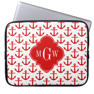 Rode anker op wit, rood 3 Initiaal monogram Laptop Sleeve