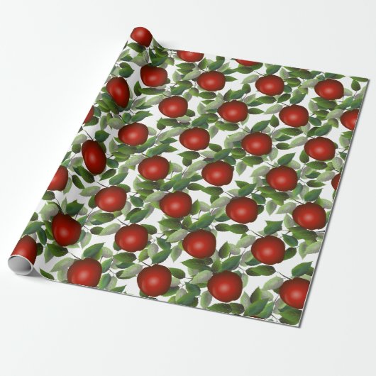 Rode Appel Groene Bladeren Cadeaupapier (Uitgerold)