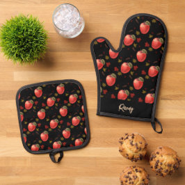 Rode appelen en zwarte bladeren ovenwant & pannenlap set