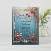 Rode appels en gouden bladeren bruiloft uitnodigin save the date (Staand voorkant)