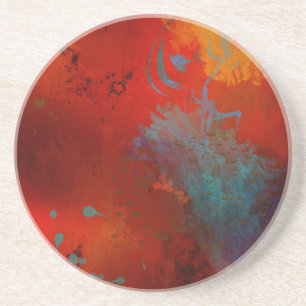 Rode, Aqua & Gouden Grunge Digitale Abstracte Kuns Zandsteen Onderzetter