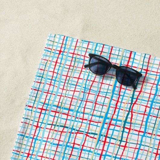 Rode Aqua Turquoise Gele Kronkelige Lijnen Plaid Strandlaken (In situ)