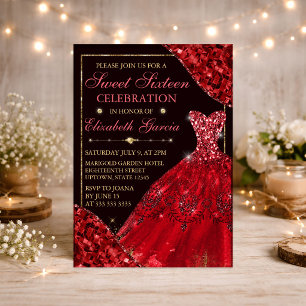 Rode aquarel jurk & glamoureuze randen Sweet Sixte Kaart