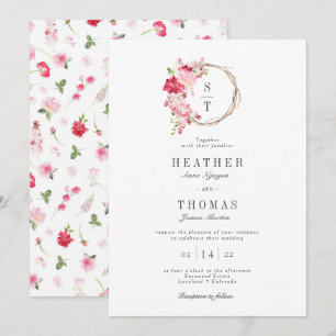 Rode Aquarel Rozen Monogram Krans Bruiloft Kaart