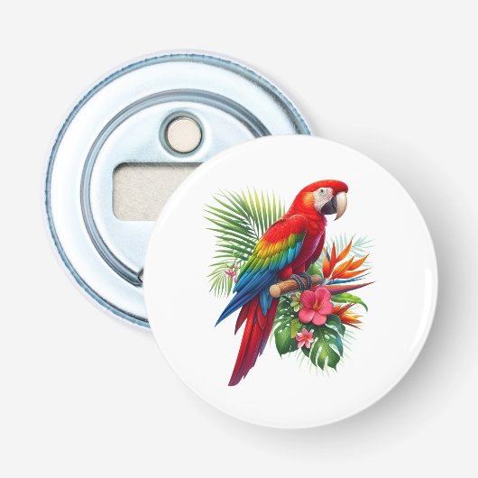 Rode ara tropische bloemen button flesopener (Voorkant)