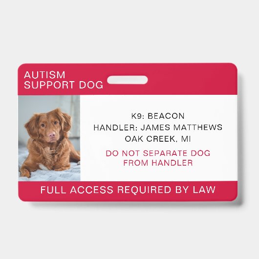 Rode Autismehulp Hond Foto Badge (Voorzijde)