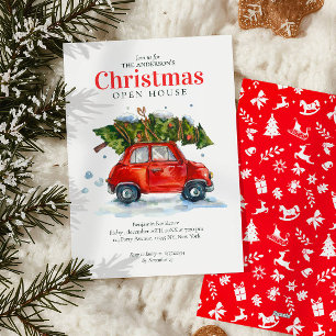  rode auto Boom Waterverf Kerstfeest Feestdagenkaart