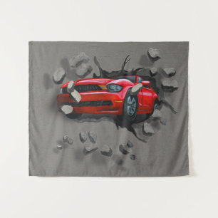 Rode auto door de muur kruipt wandkleed