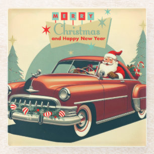 rode auto & kerstman glazen onderzetter