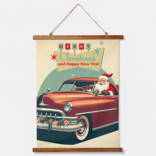  rode auto & kerstman hangend wandkleed