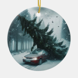 rode auto met bomcycloon keramisch ornament