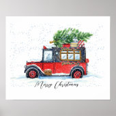Rode auto met kerstbomen in sneeuw poster (Voorkant)