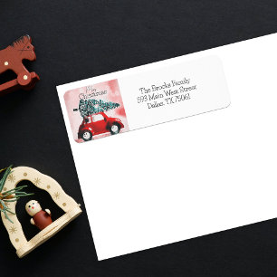 rode auto met kerstboom retouradres etiket