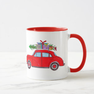 Rode auto met kerstboomWaterverf Koffie-Mok Mok