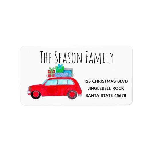Rode auto met kerstcadeaus etiket (Voorkant)