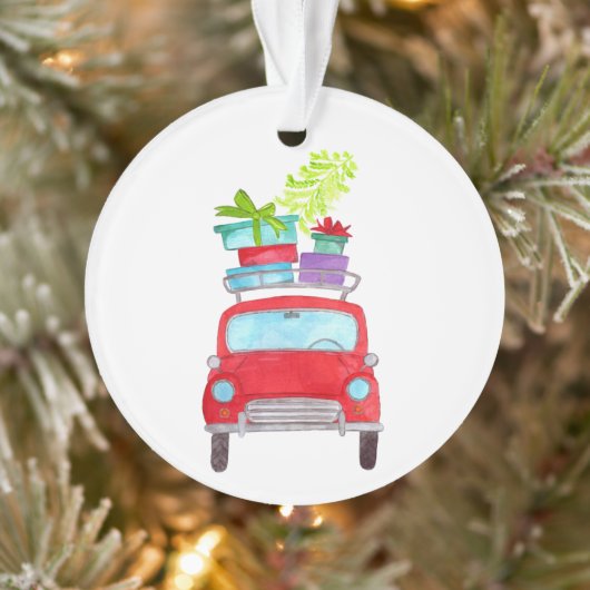Rode auto met kerstcadeaus in waterverf ornament (Boom)