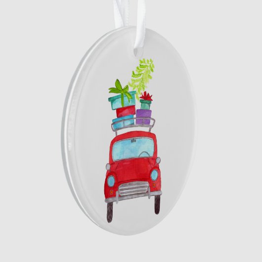 Rode auto met kerstcadeaus in waterverf ornament (voorkant)