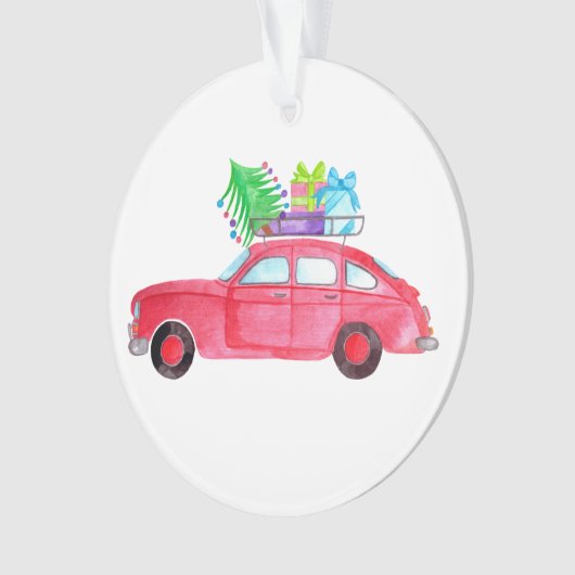 Rode auto met kerstcadeaus in waterverf ornament (voorkant)