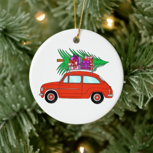 Rode auto met kerstcadeaus keramische ornament (Boom)