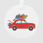 Rode auto met kerstcadeaus ornament (voorkant)