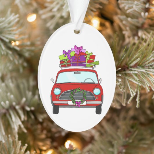 Rode auto met kerstcadeaus ornament (Boom)