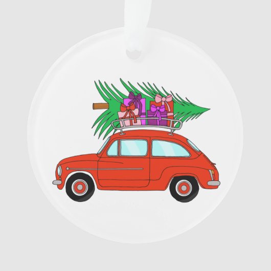 Rode auto met kerstcadeaus ornament (voorkant)