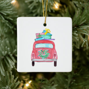 Rode auto met kerstcadeaus waterverf keramisch ornament