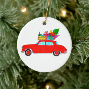 Rode auto met kerstcadeautjes Waterverf Keramisch Ornament