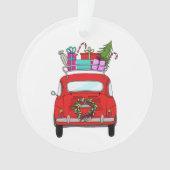 Rode auto met kerstcadeauversiering ornament (voorkant)