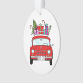 Rode auto met kerstcadeauversiering ornament (voorkant)