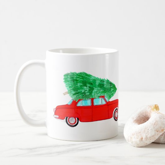Rode auto met Waterverf voor kerstbomen Koffiemok (Met donut)