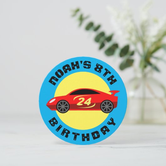 Rode auto race auto kind verjaardagsfeestje uitnod kaart (Staand voorkant)