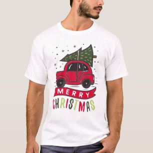 Rode Auto Vrolijk Kerstboom Kleurrijk Grappig T-shirt
