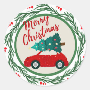 rode auto vrolijk kerstfeest ronde sticker