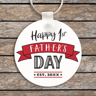 Rode Banner Gelukkige 1e Vaderdag Koel Modern Sleutelhanger