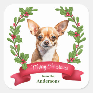 Rode Banner Hulst Bruine Chihuahua Hond Kerstmis Vierkante Sticker